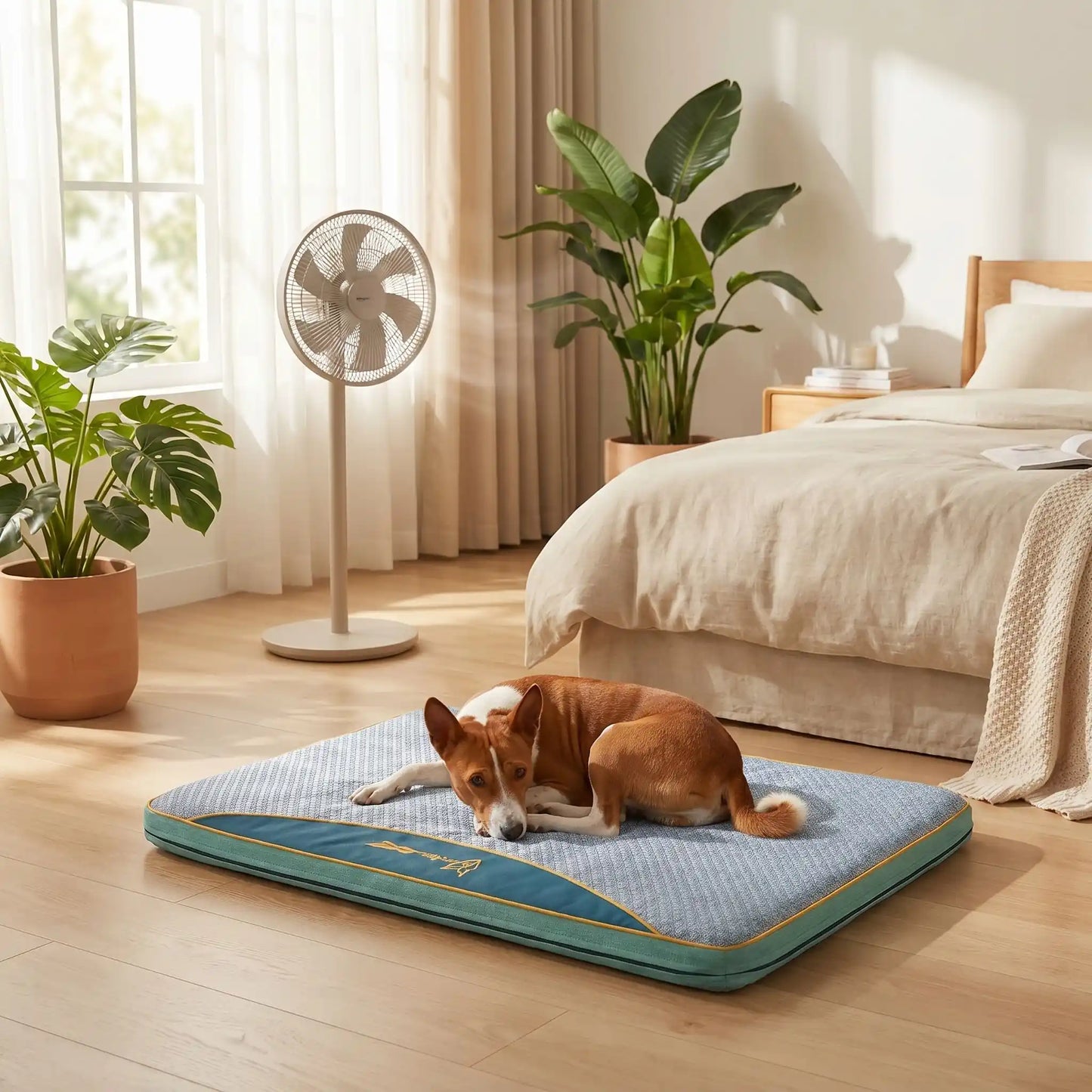 Tapis-chien-rafraichissant déhoussable et lavable en machine, avec matelas orthopédique 100% coton haute densité, antidérapant, pour un usage en surmatelas ou tapis épais haute réislience, disponible en taille xl et xxl pour chiot et chien de grande taille- un chien de moyenne race couché confortablement sur son tapis rafraichissant orthopédique xxl de 120 cm de long sur le sol de la chambre de la maison en été