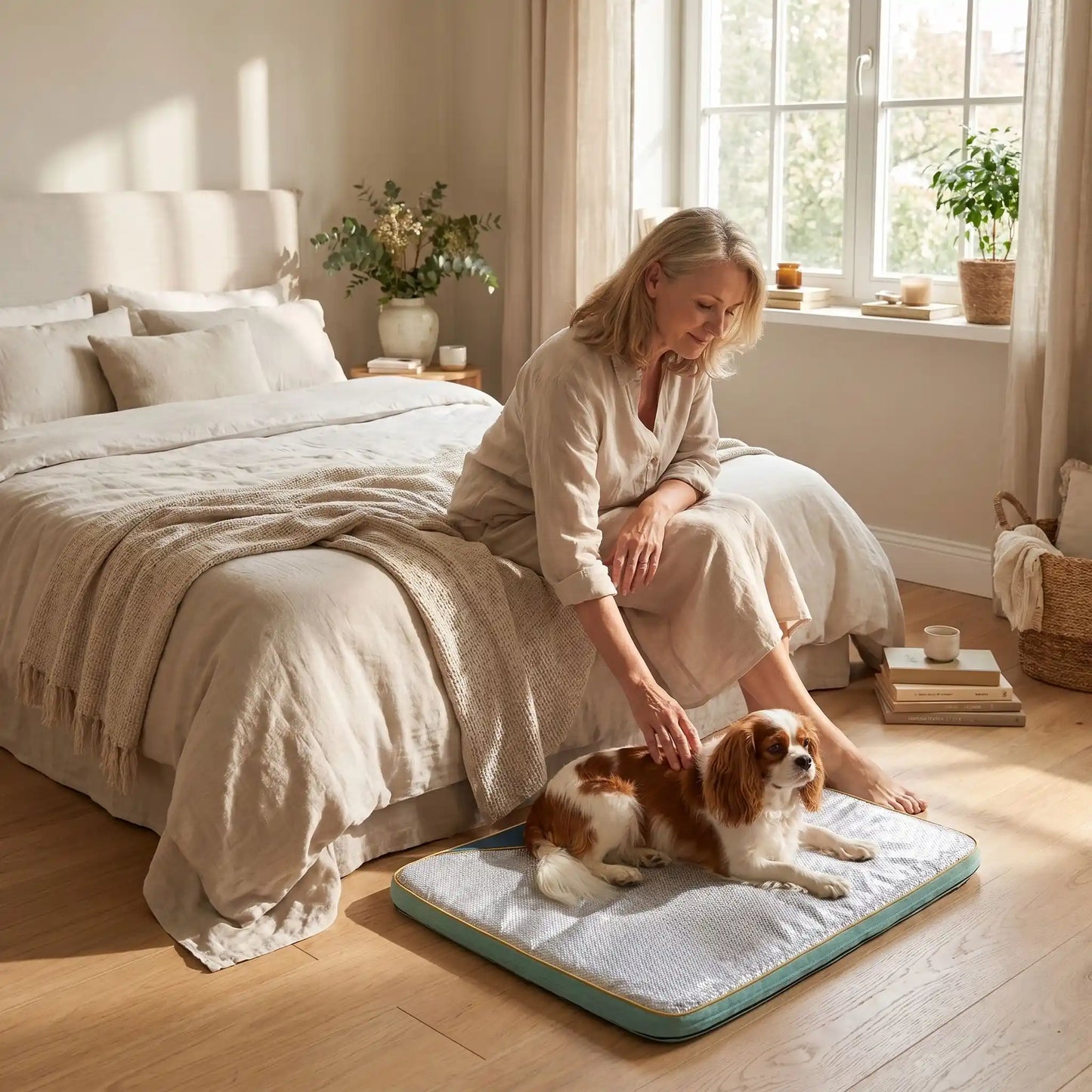 Tapis-chien-rafraichissant déhoussable et lavable en machine, avec matelas orthopédique 100% coton haute densité, antidérapant, pour un usage en surmatelas ou tapis épais haute réislience, disponible en taille xl et xxl pour chiot et chien de grande taille- un chien de moyenne race couché confortablement sur son tapis rafraichissant orthopédique xl de 100 cm de long, caressé par sa maitresse tendrement au pied de son lit dans la chambre de l'appartement en été
