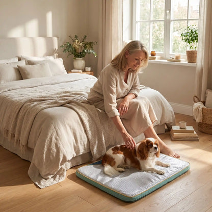 Tapis-chien-rafraichissant déhoussable et lavable en machine, avec matelas orthopédique 100% coton haute densité, antidérapant, pour un usage en surmatelas ou tapis épais haute réislience, disponible en taille xl et xxl pour chiot et chien de grande taille- un chien de moyenne race couché confortablement sur son tapis rafraichissant orthopédique xl de 100 cm de long, caressé par sa maitresse tendrement au pied de son lit dans la chambre de l'appartement en été