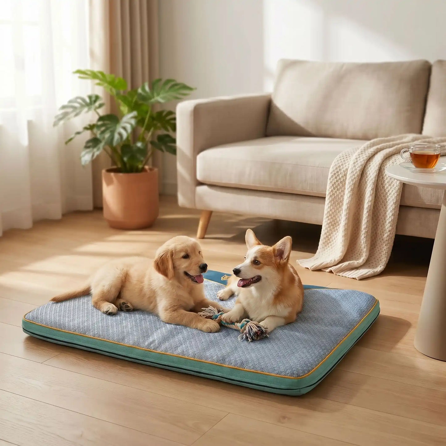 Tapis-chien-rafraichissant déhoussable et lavable en machine, avec matelas orthopédique 100% coton haute densité, antidérapant, pour un usage en surmatelas ou tapis épais haute réislience, disponible en taille xl et xxl pour chiot et chien de grande taille- deux chiots couchés confortablement sur son tapis rafraichissant orthopédique xl de 1O0 cm de long sur le sol du salon de la maison en été