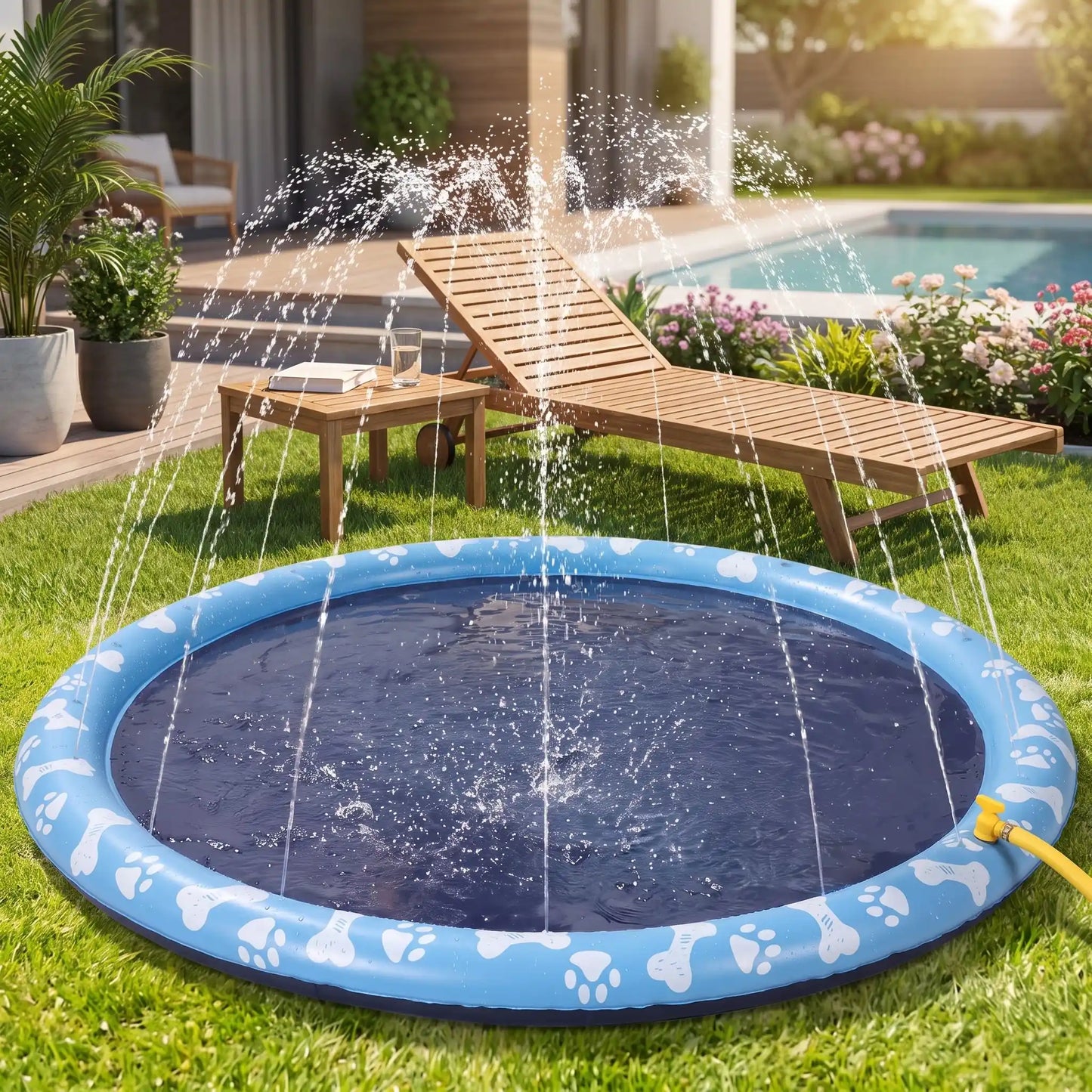 Tapis-d-eau-pour-chien-aquatique-avec-jet-d-eau, installation immédiate sans gonflage ni outil, se branche directement au tuyau d'arrosage et donne des jets de différentes hateur selon le réglage d'ouverture du robinet d'eau, antidérapant, ultra-résistant aux griffes avec PVC épaissi et motif mignon sur le boudin d'os et de pattes pour chien de couleur blanc-gros plan sur le tapis d'eau raccorder au tuyau d'arrosage qui actionne les jets d'eau à 360° situé dans le boudin qui l'entoure dans le jardin 