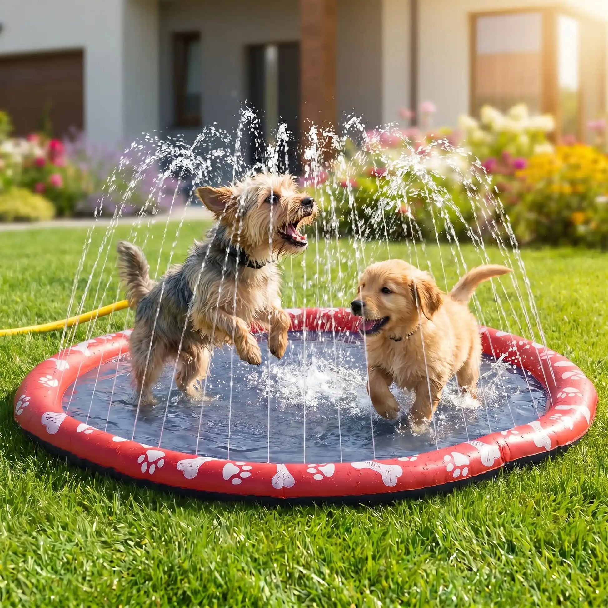 Tapis-d-eau-pour-chien-avec-jet-d-eau, installation immédiate sans gonflage ni outil, se branche directement au tuyau d'arrosage et donne des jets de différentes hateur selon le réglage d'ouverture du robinet d'eau, antidérapant, ultra-résistant aux griffes avec PVC épaissi et motif mignon sur le boudin d'os et de pattes pour chien de couleur blanc-deux petits chiens qui jouent comme des fous au milieu du tapis d'eau sous les jets qu'ils essayent d'attraper dans le jardin de la maison en été