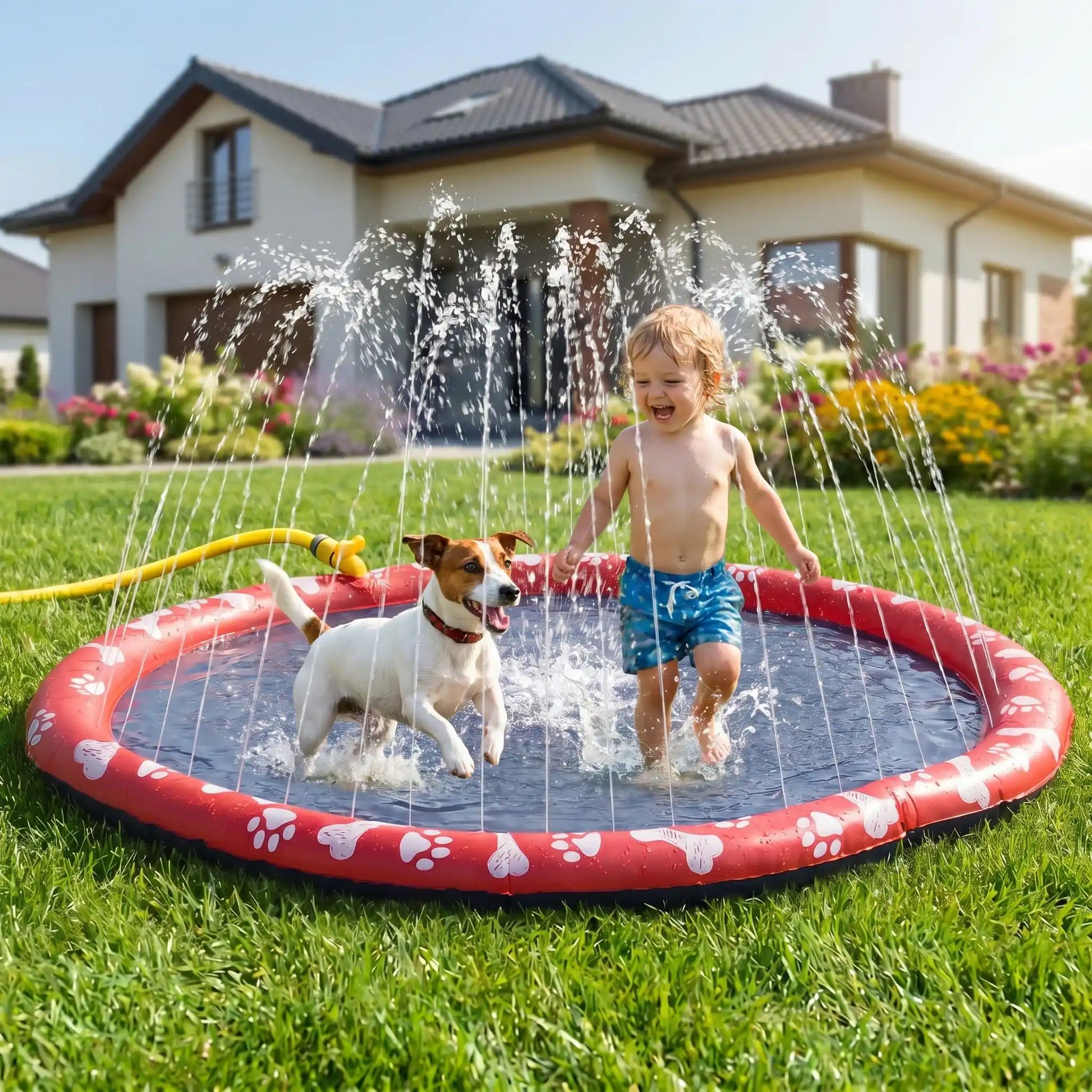 Tapis-d-eau-pour-chien-avec-jet-d-eau, installation immédiate sans gonflage ni outil, se branche directement au tuyau d'arrosage et donne des jets de différentes hateur selon le réglage d'ouverture du robinet d'eau, antidérapant, ultra-résistant aux griffes avec PVC épaissi et motif mignon sur le boudin d'os et de pattes pour chien de couleur blanc-un petit garçon qui joue et patauge avec un petit chien sur le tapis d'eau avec jets en action, branché sur le tuyau d'arrosage du jardin de la maison en été