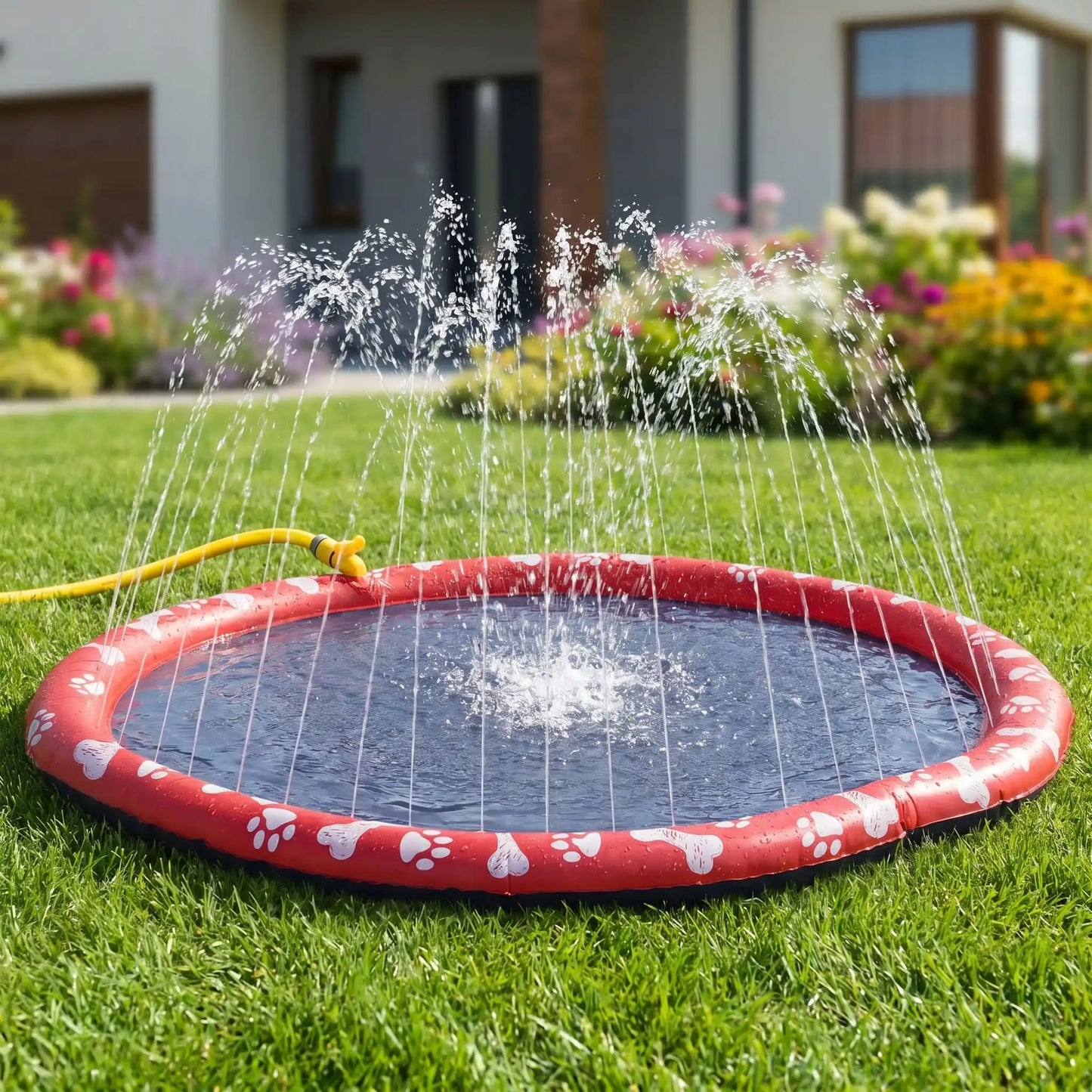 Tapis-d-eau-pour-chien-avec-jet-d-eau, installation immédiate sans gonflage ni outil, se branche directement au tuyau d'arrosage et donne des jets de différentes hauteur selon le réglage d'ouverture du robinet d'eau, antidérapant, ultra-résistant aux griffes avec PVC épaissi et motif mignon sur le boudin d'os et de pattes pour chien de couleur blanc-gros plan sur le tapis d'eau de couelur noir et rouge avec jets hauts en action, branché sur le tuyau d'arrosage du jardin de la maison 
