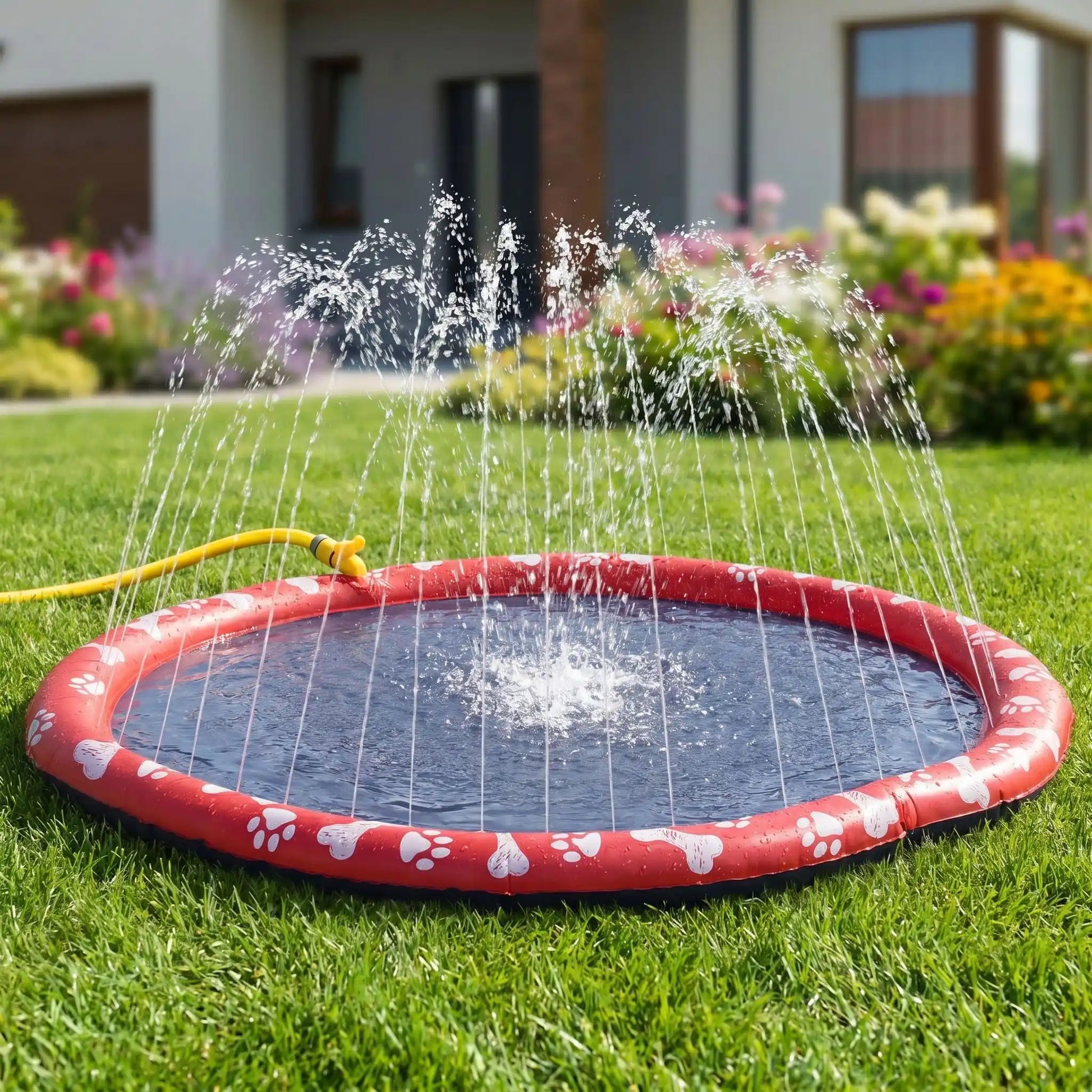 Tapis-d-eau-pour-chien-avec-jet-d-eau, installation immédiate sans gonflage ni outil, se branche directement au tuyau d'arrosage et donne des jets de différentes hauteur selon le réglage d'ouverture du robinet d'eau, antidérapant, ultra-résistant aux griffes avec PVC épaissi et motif mignon sur le boudin d'os et de pattes pour chien de couleur blanc-gros plan sur le tapis d'eau de couelur noir et rouge avec jets hauts en action, branché sur le tuyau d'arrosage du jardin de la maison 