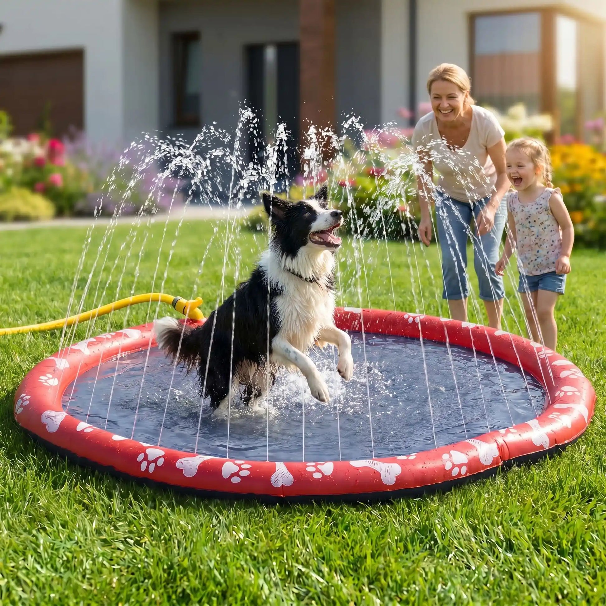 Tapis-d-eau-pour-chien-avec-jet-d-eau, installation immédiate sans gonflage ni outil, se branche directement au tuyau d'arrosage et donne des jets de différentes hauteur selon le réglage d'ouverture du robinet d'eau, antidérapant, ultra-résistant aux griffes avec PVC épaissi et motif mignon sur le boudin d'os et de pattes pour chien de couleur blanc-un chien moyen qui patauge et attraper en sautant les jets d'eau du le tapis d'eau sous le regard amusé de sa maitresse et sa petite fille dans le jardin en été