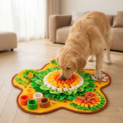 Tapis-de-fouille-chien-chiot, avec 6 compartiments de cachettes différentes, jouet intelligent pour chien et d'occupation pour un entrainement cognitif optimal, couleurs vives pour des contraste visible pour le chien, avec un pouet sonore, en feutre doux lavable en machine à 30° et antidérapant-un golden retriever qui cherche et renifle les friandises cachées dans le tapis de fouille pour les manger avec un effet de ralentissement alimentaire et un effet anti-glouton ludique sur le sol du salon