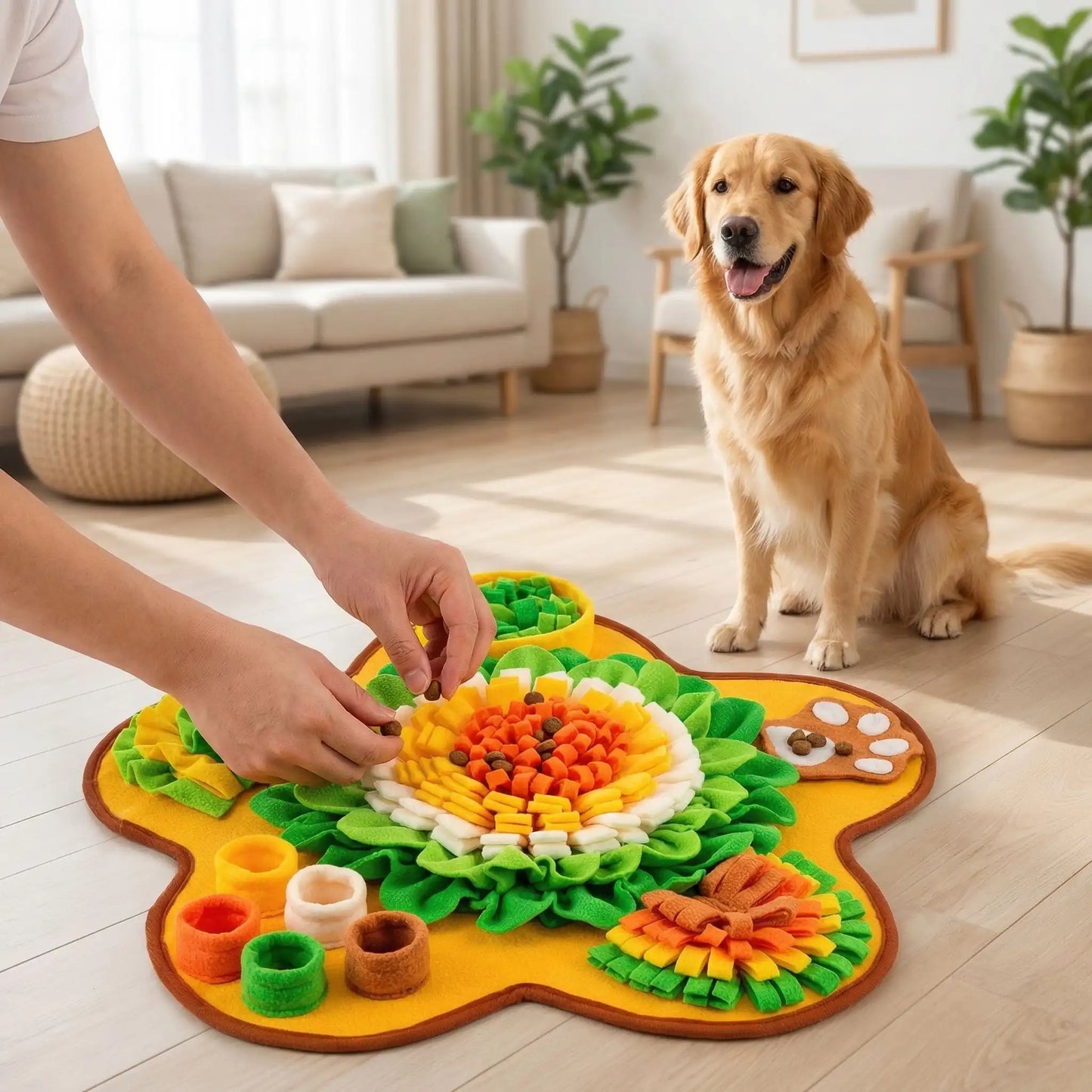 Tapis-de-fouille-chien-chiot, avec 6 compartiments de cachettes différentes, jouet intelligent pour chien et d'occupation pour un entrainement cognitif optimal, couleurs vives pour des contraste visible pour le chien, avec un pouet sonore, en feutre doux lavable en machine à 30° et antidérapant-un maitre qui pépare et installe les friandises dans toutes les cachettes diversifiées du tapis de fouille  pour le donner à son chien qui attend avant de partir au travail et de laisser son chien seul mais occupé