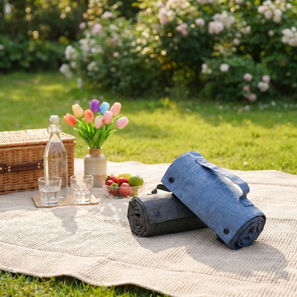 Tapis voyage chien imperméable pour chien-lavable un grand chien assis sur son tapis qui protège la voiture, idéal pour voyage et transport en voiture, à la plage, en foret, en camping, en randonnée, en sortie, un tapis 4 saisons, réversible, rembourrage 100% Coton PP et housse nylon résistante aux griffes, pliable et portable avec sa poignée de transport pour chien -gros plan sur les tapis de voyage disponible en 3 tailles L, XL et XXL en 2 coloris bleu et noir sur une nappe de pique-nique sur la pelouse