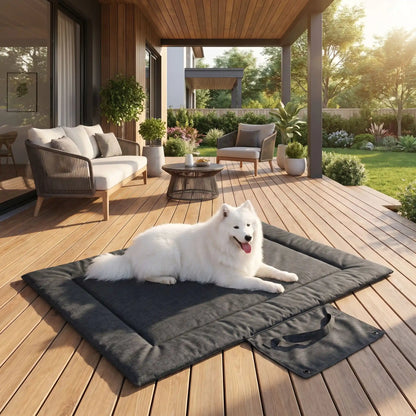 Tapis voyage chien imperméable pour chien-lavable un grand chien assis sur son tapis qui protège la voiture, idéal pour voyage et transport en voiture, à la plage, en foret, en camping, en randonnée, en sortie, un tapis 4 saisons, réversible, rembourrage 100% Coton PP et housse nylon résistante aux griffes, pliable et portable avec sa poignée de transport pour chien - un Samoyède couché confortablement sur son tapis xl de couleur noir confortable et transportable sur la terrasse de la maison en été