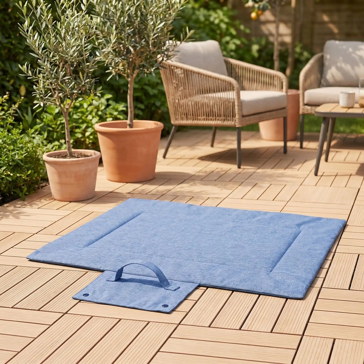 Tapis voyage chien imperméable pour chien-lavable un grand chien assis sur son tapis qui protège la voiture, idéal pour voyage et transport en voiture, à la plage, en foret, en camping, en randonnée, en sortie, un tapis 4 saisons, réversible, rembourrage 100% Coton PP et housse nylon résistante aux griffes, pliable et portable avec sa poignée de transport pour chien -gros plan sur le tapis de voyage de couleur bleu avec poignée de transport et boutons de pression pour un pliage rapide et rangement compact