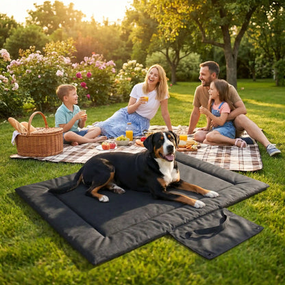 Tapis voyage chien imperméable pour chien-lavable un grand chien assis sur son tapis qui protège la voiture, idéal pour voyage et transport en voiture, à la plage, en foret, en camping, en randonnée, en sortie, un tapis 4 saisons, réversible, rembourrage 100% Coton PP et housse nylon résistante aux griffes, pliable et portable avec sa poignée de transport pour chien - un Grand bouvier suisse couché confortablement sur son tapis xl de couleur noir confortable sur la pelouse avec sa famille en vacances