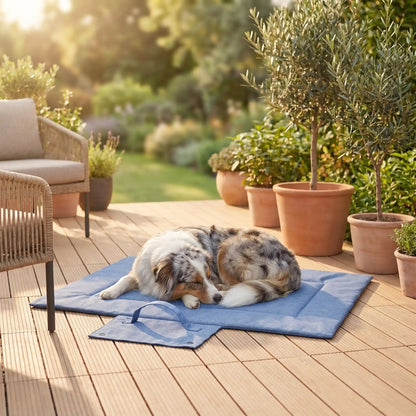 Tapis voyage chien imperméable pour chien-lavable un grand chien assis sur son tapis qui protège la voiture, idéal pour voyage et transport en voiture, à la plage, en foret, en camping, en randonnée, en sortie, un tapis 4 saisons, réversible, rembourrage 100% Coton PP et housse nylon résistante aux griffes, pliable et portable avec sa poignée de transport pour chien - un chien moyen qui dort paisiblement sur son tapis xxl de couleur bleu confortable et transportable sur la terrasse de la maison en été