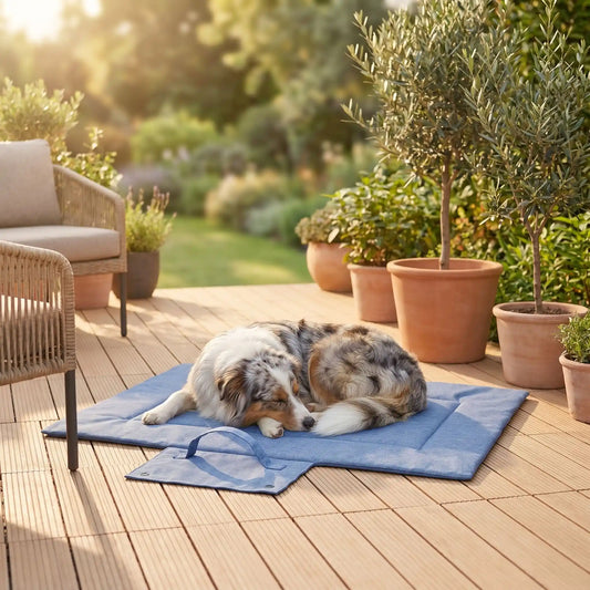 Tapis voyage chien imperméable pour chien-lavable un grand chien assis sur son tapis qui protège la voiture, idéal pour voyage et transport en voiture, à la plage, en foret, en camping, en randonnée, en sortie, un tapis 4 saisons, réversible, rembourrage 100% Coton PP et housse nylon résistante aux griffes, pliable et portable avec sa poignée de transport pour chien - un chien moyen qui dort paisiblement sur son tapis xxl de couleur bleu confortable et transportable sur la terrasse de la maison en été