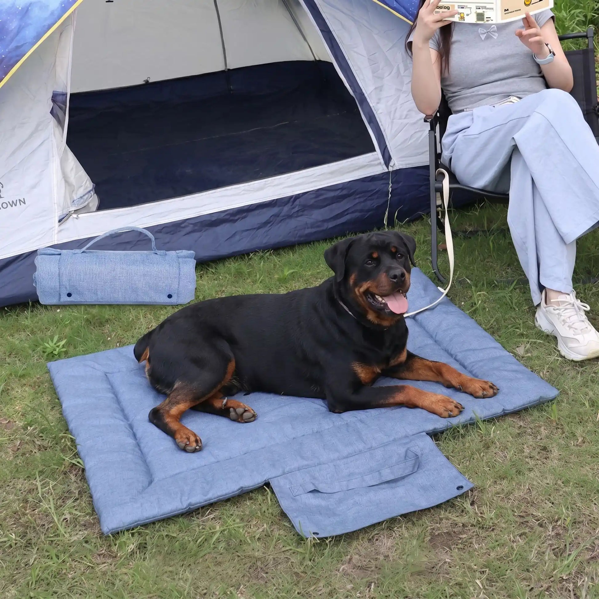Tapis voyage chien imperméable pour chien-lavable un grand chien assis sur son tapis qui protège la voiture, idéal pour voyage et transport en voiture, à la plage, en foret, en camping, en randonnée, en sortie, un tapis 4 saisons, réversible, rembourrage 100% Coton PP et housse nylon résistante aux griffes, pliable et portable avec sa poignée de transport pour chien - un Rottweiller couché confortablement sur son tapis xxl de 130 cm, confortable et transportable en camping