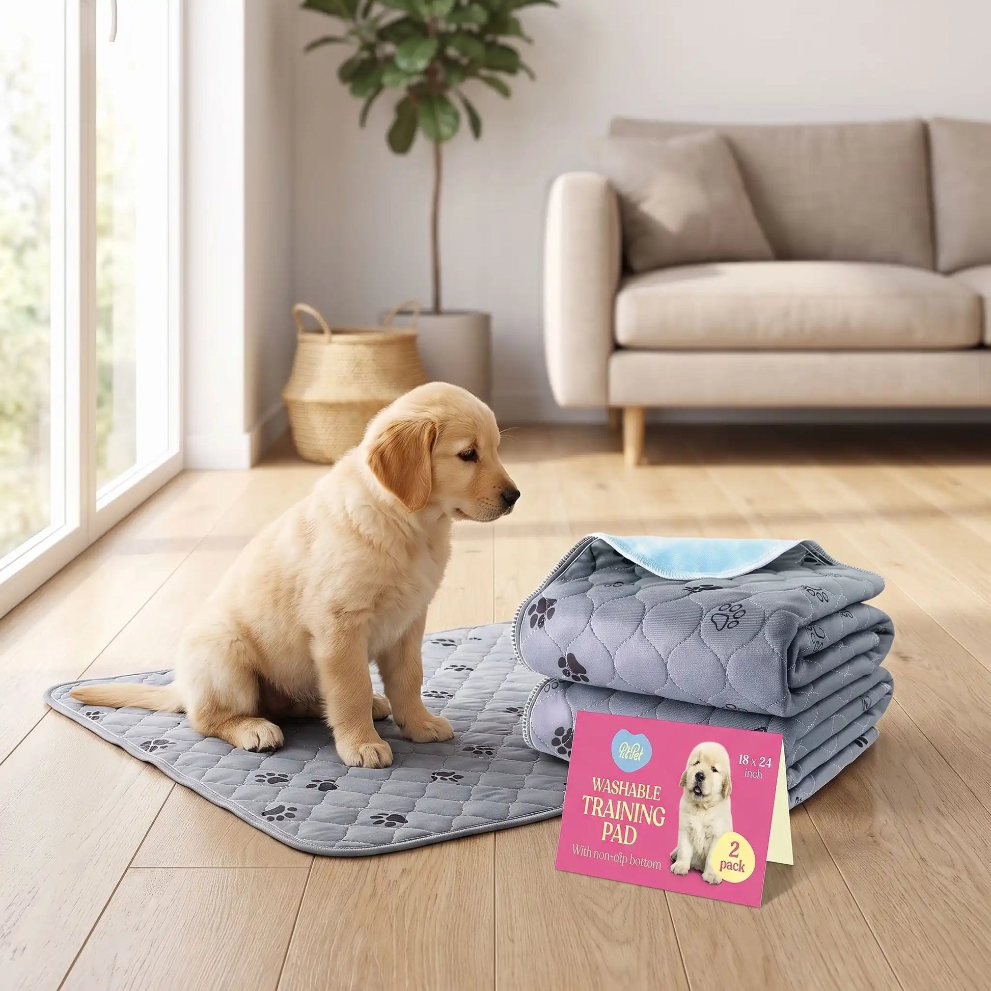 Tapis-educateur-pour-chien-chiot-absorbant-lot-de-2, confortable, épais, solide, résistant aux griffes, protection efficace pour protection des meubles, literie canine, transport, lavable en machine, antidérapant, 100% imperméable, avec design mignon de pattes de chien, disponible en  2 couleurs gris et rose, et deux tailles M et XL jusqu'à 100 cm de longueur pour chiot et chien de toutes tailles-un chiot  assis sur le tapis 100% absorbant dans le salon avec deux tapis absortbantg taille M plié et épais