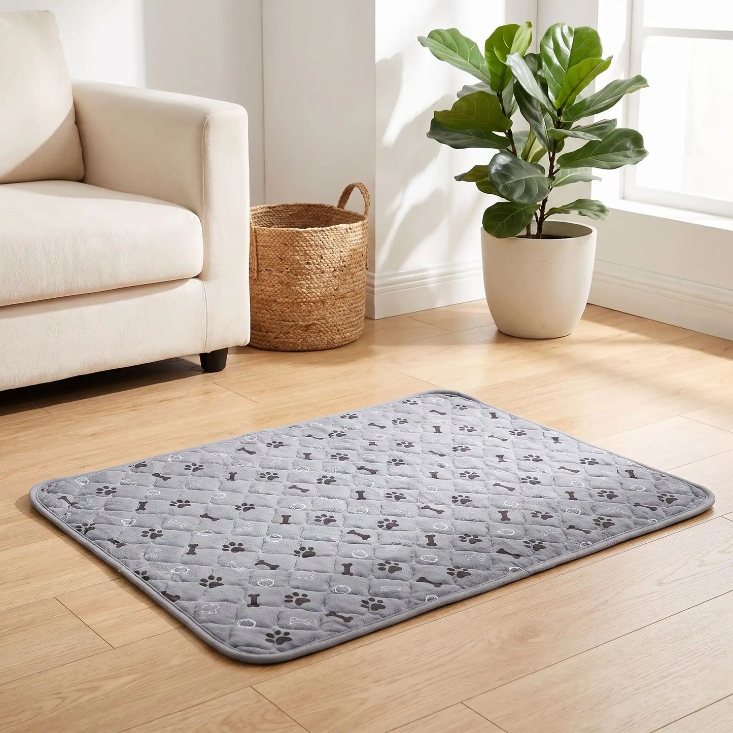 Tapis hygiène chien, chiot, propreté, absorbant-chien-chiot-motif design de coeur, os et pattes de chien, surface matelassée douce et hypoallergénique, rembourré en coton haute densité ultra-absorbant, 4 couches avec TPU 100% imperméable et résistant aux griffes, antidérapant, lavable en machine  de couleur gris en 4 taille M, L, XL et XXL pour chiot et chien de petite à très grande taille-gros plan sur le tapis gris xxl ultra absorbant sur le sol en parquet du salon de l'appartement 