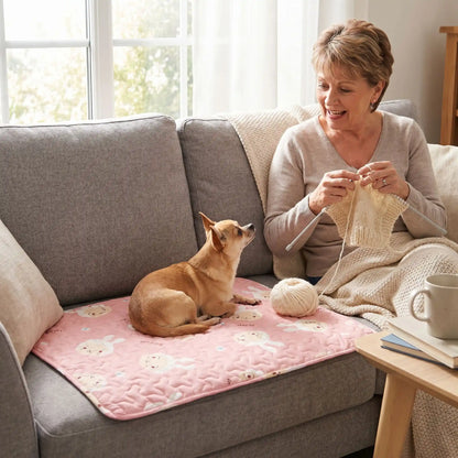 Tapis-pour-chiens-100% imperméable, 100 %coton haute densité lavable en machine, polyvalent, solide et résistant aux griffes, rafraichissant pour l'été et confortable en hiver, protège vos sols et vos meubles, disponible en 4 tailles du XS au L pour chiot et chien de petite à moyenne taille de 0 à 25 kg avec motif mignon-un chien de taille miniature assis confortablement sur son tapis rose avec motif mignon de lapin blanc sur le canapé à côté de sa maitresse qui tricote en lui parlant dans le salon