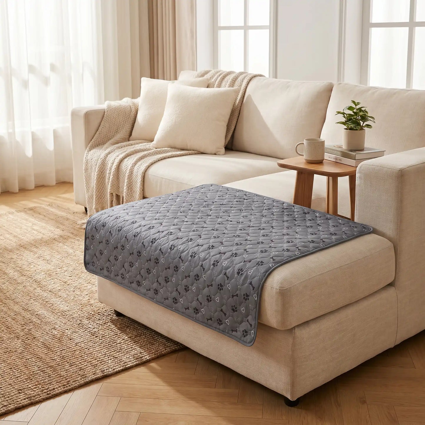 Tapis-impermeable-chien-chiot-motif design de bouledogue francais, os et pattes de chien, surface matelassée douce et hypoallergénique, rembourré en coton haute densité ultra-absorbant, 4 couches avec TPU 100% imperméable et résistant aux griffes, antidérapant, lavable en machine à 30° de couleur gris en 4 taille M, L, XL et XXL pour chiot et chien de petite à très grande taille-gros plan sur le tapis absorbant gris, de propreté, éducateur, réutilisable, économique, solide, anti poils, protection