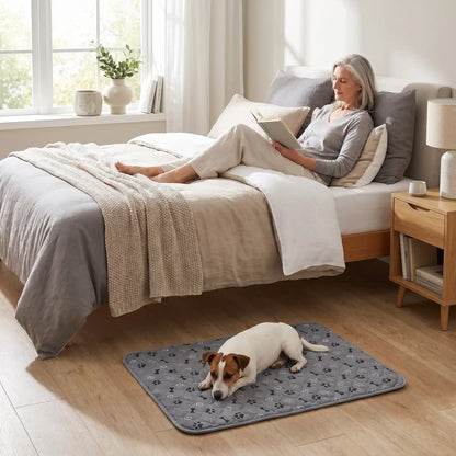 Tapis-impermeable-chien-chiot-motif design de bouledogue francais, os et pattes de chien, surface matelassée douce et hypoallergénique, rembourré en coton haute densité ultra-absorbant, 4 couches avec TPU 100% imperméable et résistant aux griffes, antidérapant, lavable en machine à 30° de couleur gris en 4 taille M, L, XL et XXL pour chiot et chien de petite à très grande taille-un jack russell qui dort paisiblement sur son tapis gris confortable, taille L sur le sol au pied du lit de sa maitresse 