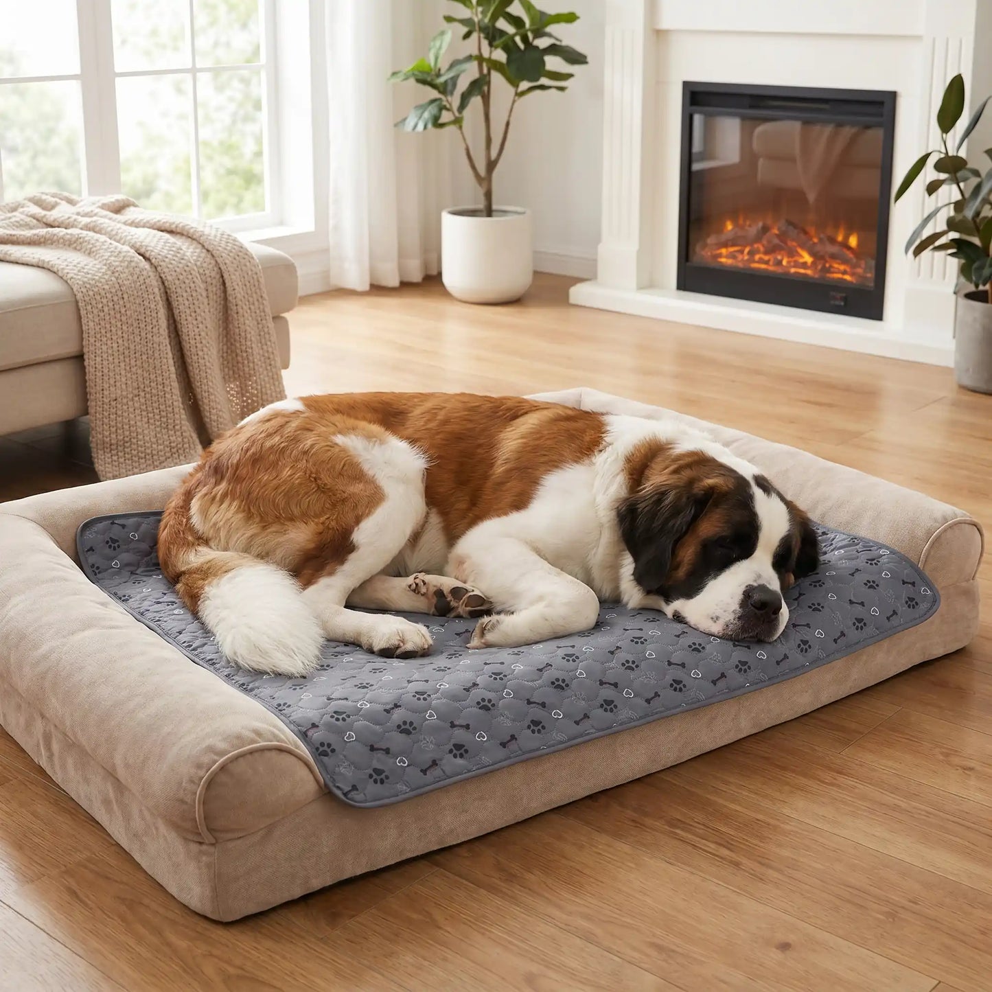 Tapis-impermeable-chien-chiot-motif design de bouledogue francais, os et pattes de chien, surface matelassée douce et hypoallergénique, rembourré en coton haute densité ultra-absorbant, 4 couches avec TPU 100% imperméable et résistant aux griffes, antidérapant, lavable en machine à 30° de couleur gris en 4 taille M, L, XL et XXL pour chiot et chien de petite à très grande taille-un saint bernard qui dort paisiblement sur son tapis gris xxl qui protège son lit moelleux en velours dans le salon de la maison