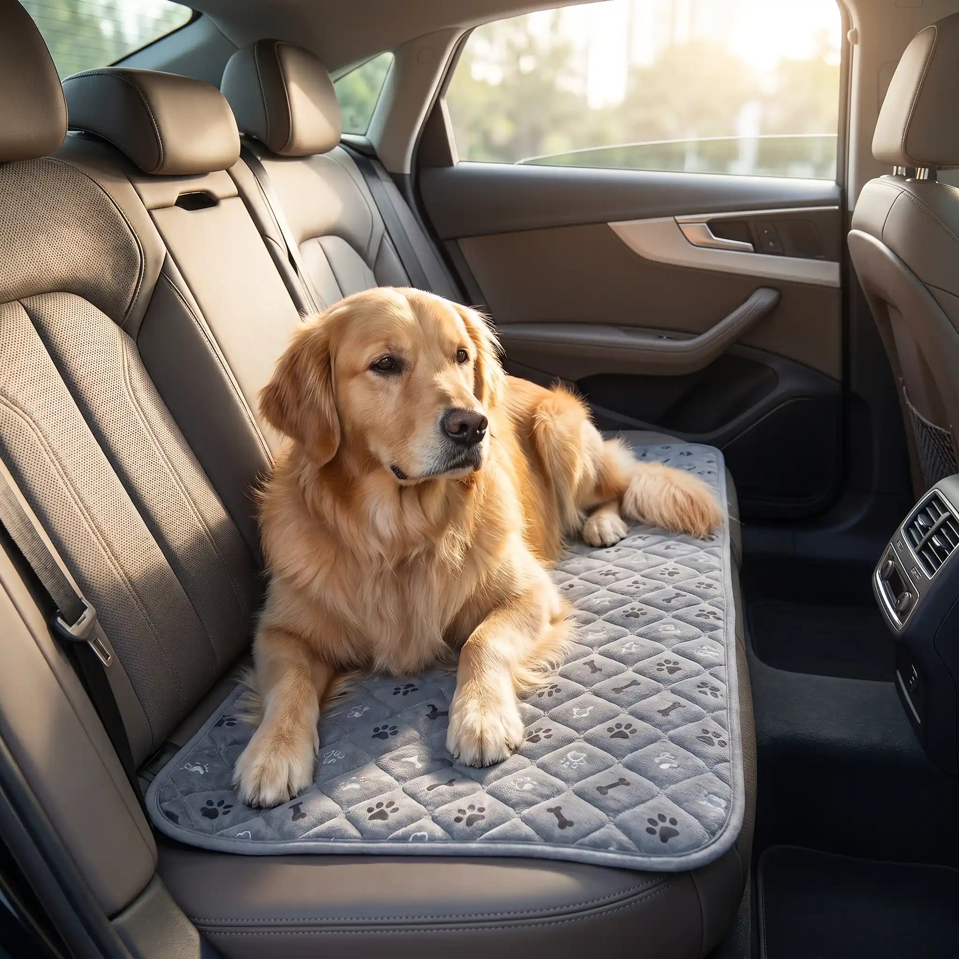 Tapis-impermeable-chien-chiot-motif design de bouledogue francais, os et pattes de chien, surface matelassée douce et hypoallergénique, rembourré en coton haute densité ultra-absorbant, 4 couches avec TPU 100% imperméable et résistant aux griffes, antidérapant, lavable en machine à 30° de couleur gris en 4 taille M, L, XL et XXL pour chiot et chien de petite à très grande taille-un Golden retriever couché confortablement sur son tapis gris  antidérapant, taille xxl en protège banquette arrière de la voiture