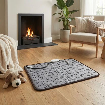 Tapis-pour-chien-chauffant-electrique-couverture rembourrée 100% coton imperméable avec tissu anti- morsures résistant avec boitier de réglages de trois températures de faible à fort pour une chauffe rapide homogène et sécurisée, économique et lavable avec motif de pattes de chien de couleur gris-disponible en 2 tailles S et L pour chien de petite à moyenne taille de 0 à 15 kilos 