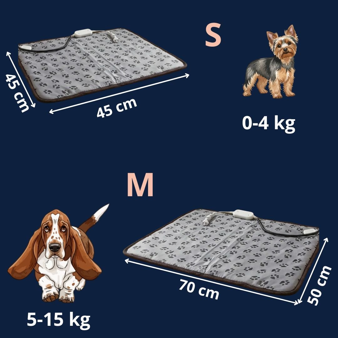 Tapis-pour-chien-chauffant-electrique-couverture rembourrée 100% coton imperméable avec tissu anti- morsures résistant avec boitier de réglages de trois températures de faible à fort pour une chauffe rapide homogène et sécurisée, économique et lavable avec motif de pattes de chien de couleur gris-guide des tailles avec dimensions détaillées et correspondance du poids du chien en photos et illustrations
