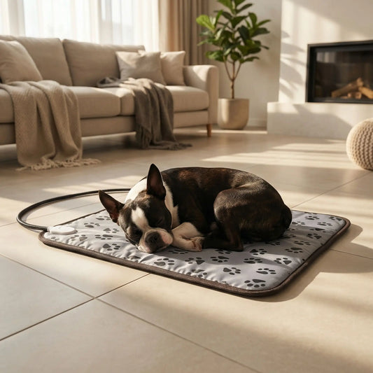 Tapis-pour-chien-chauffant-electrique-couverture rembourrée 100% coton imperméable avec tissu anti- morsures résistant avec boitier de réglages de trois températures de faible à fort pour une chauffe rapide homogène et sécurisée, économique et lavable avec motif de pattes de chien de couleur gris-un chien de taille moyenne qui dort paisiblement sur son tapis chauffant électrique  sur le sol en carrelage froid du salon