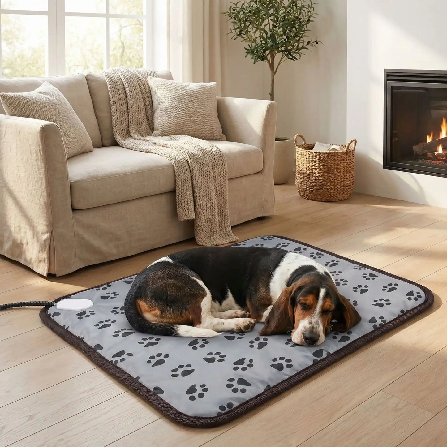 Tapis-pour-chien-chauffant-electrique-couverture rembourrée 100% coton imperméable avec tissu anti- morsures résistant avec boitier de réglages de trois températures de faible à fort pour une chauffe rapide homogène et sécurisée, économique et lavable avec motif de pattes de chien de couleur gris-unchien de race moyenne qui dort paisiblement sur son tapis chauffant électrique  sur le sol en parquet du salon