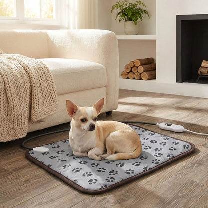 Tapis-pour-chien-chauffant-electrique-couverture rembourrée 100% coton imperméable avec tissu anti- morsures résistant avec boitier de réglages de trois températures de faible à fort pour une chauffe rapide homogène et sécurisée, économique et lavable avec motif de pattes de chien de couleur gris-un chihuahua couché confortablement sur son tapis chauffant électrique sur le sol du salon de l'appartement