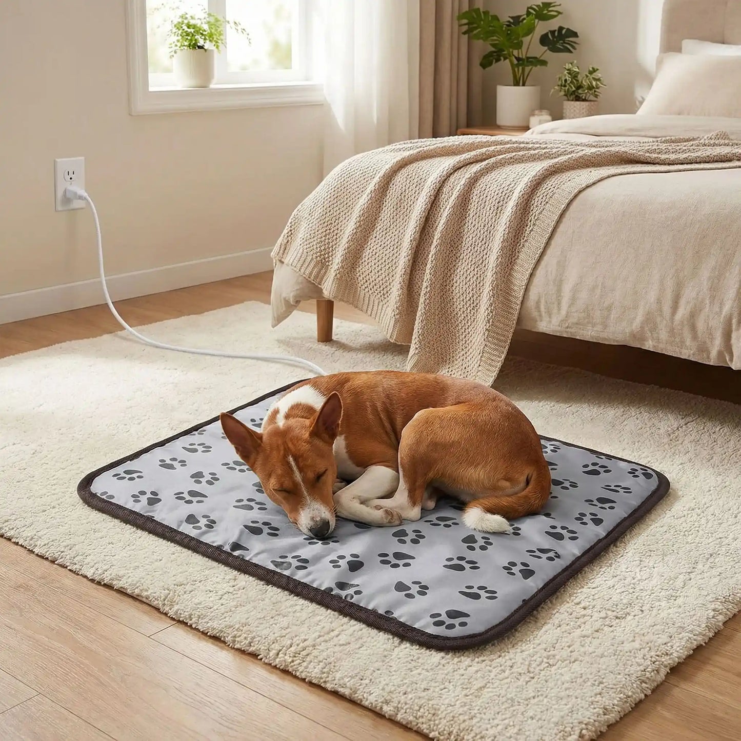 Tapis-pour-chien-chauffant-electrique-couverture rembourrée 100% coton imperméable avec tissu anti- morsures résistant avec boitier de réglages de trois températures de faible à fort pour une chauffe rapide homogène et sécurisée, économique et lavable avec motif de pattes de chien de couleur gris-unchien de taille moyenne qui dort paisiblement sur son tapis chauffant électrique  sur le sol de la chambre au pied du lit de son maitre