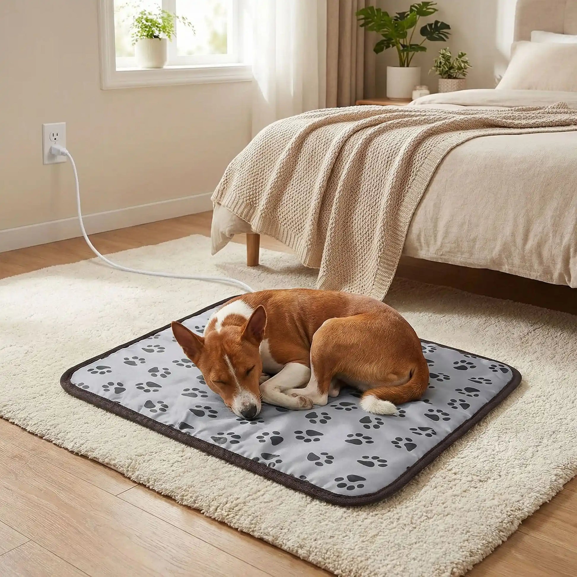 Tapis-pour-chien-chauffant-electrique-couverture rembourrée 100% coton imperméable avec tissu anti- morsures résistant avec boitier de réglages de trois températures de faible à fort pour une chauffe rapide homogène et sécurisée, économique et lavable avec motif de pattes de chien de couleur gris-unchien de taille moyenne qui dort paisiblement sur son tapis chauffant électrique  sur le sol de la chambre au pied du lit de son maitre