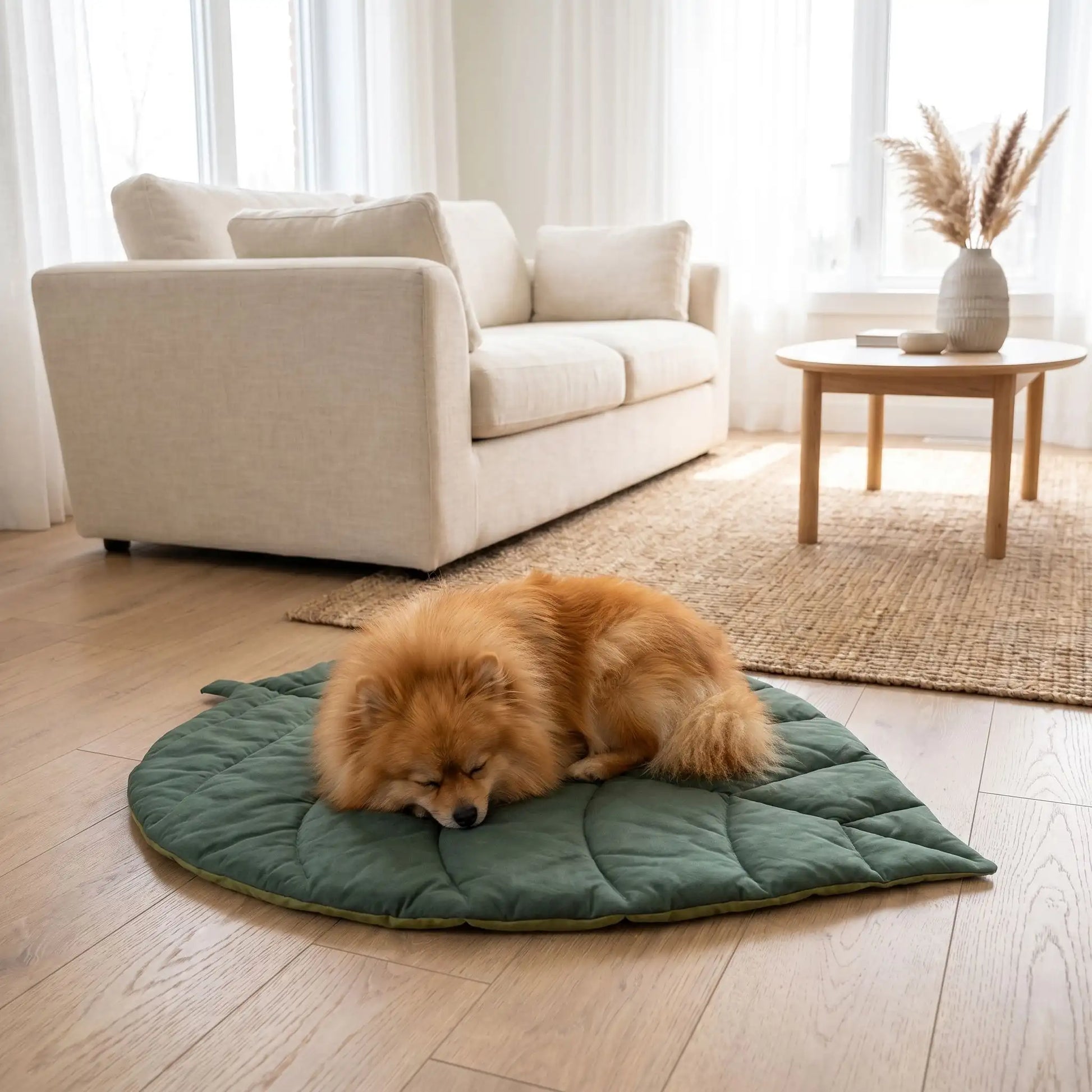 Tapis-pour-chien-chiot-design en forme de feuille, 100% coton réversible et rembourrage coton haute densité, coloris vert foncé et vert clair sur l'autre face, coutures solides et finitions soignées pour un couchage chien décoratif et polyvalent, léger transportable, coussin douillet pour chiot et chien de petite taille de 0 à 10 kilos-un chien de race naine qui dort paisiblement en boule sur le tapis original et design en forme de feuille de couleur vert sur le sol du salon de la maison