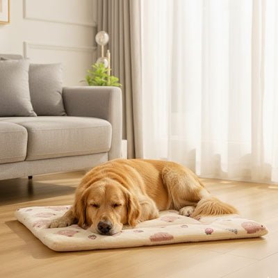 Tapis-pour-chien-chiot en flanelle douche, hypoallergénique en coton ergonomique avec rebord surélevé de forme rectangulaire, lavable en machine et durable, resistant aux griffes et morsures légère, chaud et respirant-isolant du sol froid, comme couche supplémentaire pour coussin, lit, panier pour chien-un Golden retriever couché confortablement sur son tapis gris avec motif mignon sur le sol du salon de l'appartement