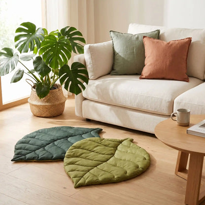 Tapis-pour-chien-chiot-design en forme de feuille, 100% coton réversible et rembourrage coton haute densité, coloris vert foncé et vert clair sur l'autre face, coutures solides et finitions soignées pour un couchage chien décoratif et polyvalent, léger transportable, coussin douillet pour chiot et chien de petite taille de 0 à 10 kilos- gros plan sur le tapis en forme de feuille d'orme réversible vert bicolore (clair et foncé) pour chiot et chien dans le salon de l'appartement 
