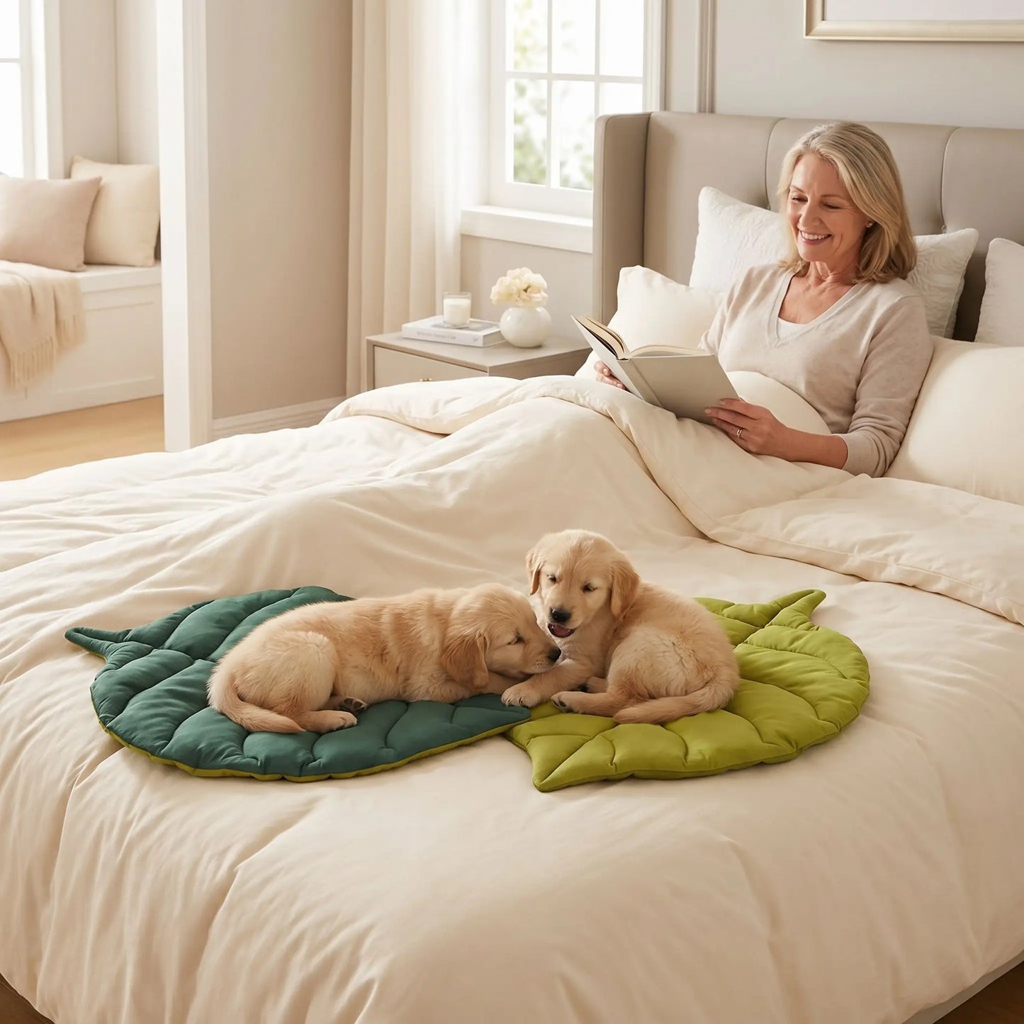 Tapis-pour-chien-chiot-design en forme de feuille, 100% coton réversible et rembourrage coton haute densité, coloris vert foncé et vert clair sur l'autre face, coutures solides et finitions soignées pour un couchage chien décoratif et polyvalent, léger transportable, coussin douillet pour chiot et chien de petite taille de 0 à 10 kilos-deux chiots avec deux tapis original et design en forme de feuille de couleur vert sur le lit au pied de leur maitresse allongée qui lit dans la chambre de la maison