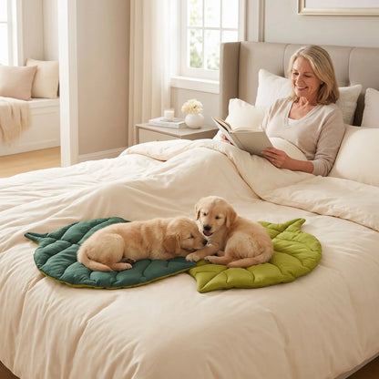 Tapis-pour-chien-chiot-design en forme de feuille, 100% coton réversible et rembourrage coton haute densité, coloris vert foncé et vert clair sur l'autre face, coutures solides et finitions soignées pour un couchage chien décoratif et polyvalent, léger transportable, coussin douillet pour chiot et chien de petite taille de 0 à 10 kilos-deux chiots avec deux tapis original et design en forme de feuille de couleur vert sur le lit au pied de leur maitresse allongée qui lit dans la chambre de la maison