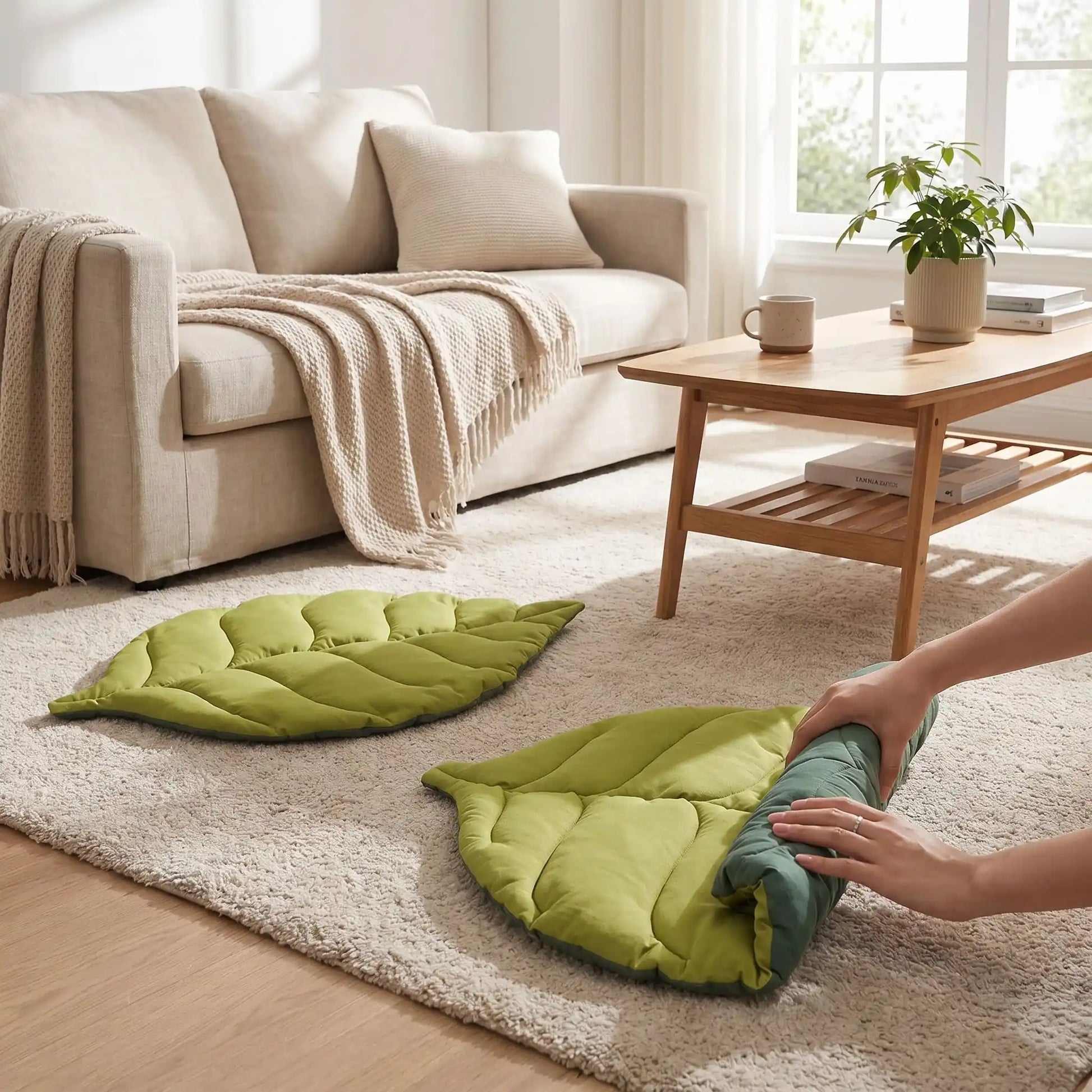 Tapis-pour-chien-chiot-design en forme de feuille, 100% coton réversible et rembourrage coton haute densité, coloris vert foncé et vert clair sur l'autre face, coutures solides et finitions soignées pour un couchage chien décoratif et polyvalent, léger transportable, coussin douillet pour chiot et chien de petite taille de 0 à 10 kilos-gros plan sur une propriétaire de chien qui enroule facilement le tapis pour l'utiliser en voyage pour son petit chien