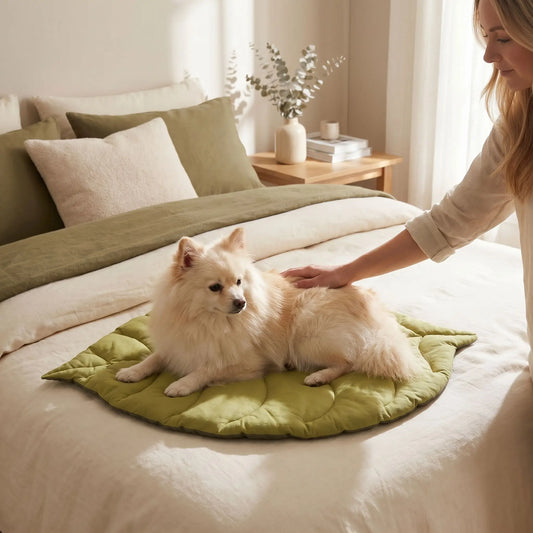 Tapis-pour-chien-chiot-design en forme de feuille, 100% coton réversible et rembourrage coton haute densité, coloris vert foncé et vert clair sur l'autre face, coutures solides et finitions soignées pour un couchage chien décoratif et polyvalent, léger transportable, coussin douillet pour chiot et chien de petite taille de 0 à 10 kilos-un petit chien à poils long et épais  couché confortablement sur le tapis au design en forme de feuille sur le lit de sa maitresse comme protège lit dans la chambre