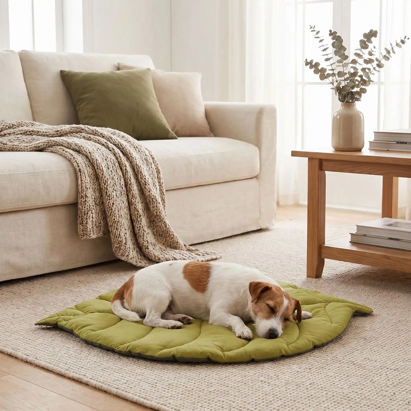 Tapis-pour-chien-chiot-design en forme de feuille, 100% coton réversible et rembourrage coton haute densité, coloris vert foncé et vert clair sur l'autre face, coutures solides et finitions soignées pour un couchage chien décoratif et polyvalent, léger transportable, lavable en machine, coussin douillet pour chiot et chien de petite taille de 0 à 10 kilos-un chien de petite race qui dort paisiblement sur le tapis original épais et design en forme de feuille verte sur le sol du salon de l'appartement