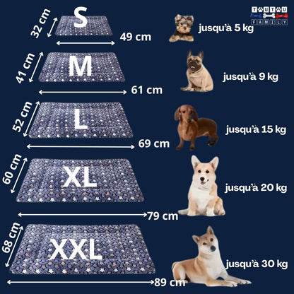 Tapis-pour-chien-couchage-guide-des-tailles S,M,L, XL,XXL pour les petits à grands chiens jusqu'à 30 kg
