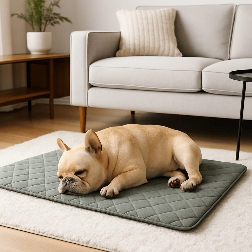 Tapis-pour-chien-déhoussable-orthopédique-matelas à mémoire de forme 100% coton haute densité et housse en lin déhoussable et lavable en machine-un chien moyen qui dort paisiblement sur son tapis ergonomique sur le sol du salon