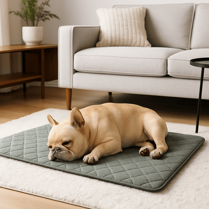 Tapis-pour-chien-déhoussable-orthopédique-matelas à mémoire de forme 100% coton haute densité et housse en lin déhoussable et lavable en machine-un chien moyen qui dort paisiblement sur son tapis ergonomique sur le sol du salon