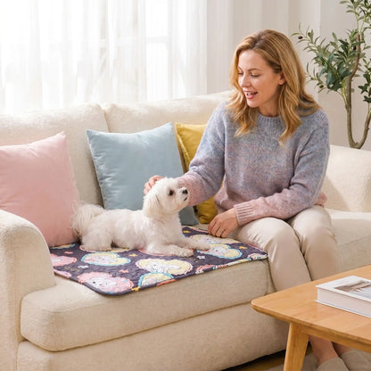 Tapis-pour-chien lavable-100% imperméable, 100 %coton haute densité lavable en machine, polyvalent, solide et résistant aux griffes, rafraichissant pour l'été et confortable en hiver, protège vos sols et vos meubles, disponible en 4 tailles du XS au L pour chiot et chien de petite à moyenne taille de 0 à 25 kg avec motif mignon-un chien de petite taille couché confortablement sur son tapis avec motif dessin animé sur le canapé à côté de sa maitresse assise qui le caresse tendrement dans le salon 