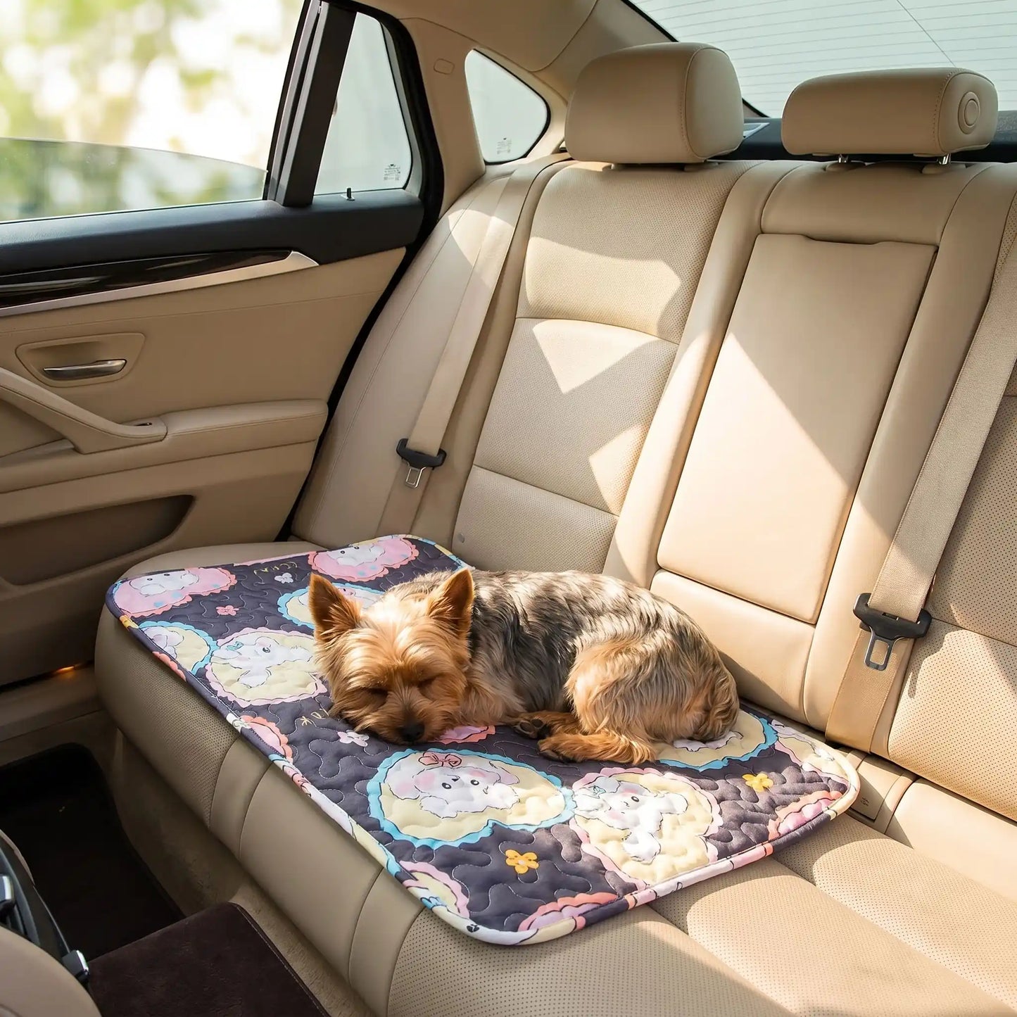 Tapis-pour-chien lavable-100% imperméable, 100 %coton haute densité lavable en machine, polyvalent, solide et résistant aux griffes, rafraichissant pour l'été et confortable en hiver, protège vos sols et vos meubles, disponible en 4 tailles du XS au L pour chiot et chien de petite à moyenne taille de 0 à 25 kg avec motif mignon-un chien de petite taille couché confortablement en boule qui dort sur son tapis avec motif dessin animé sur le  siège arrière de la voiture