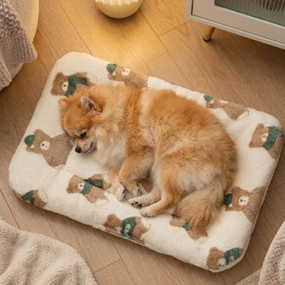 Tapis-pour-chien-chiot en flanelle douche, hypoallergénique en coton ergonomique avec rebord surélevé de forme rectangulaire, lavable en machine et durable, resistant aux griffes et morsures légère, chaud et respirant-isolant du sol froid, comme couche supplémentaire pour coussin, lit, panier pour chien-un Pékinois qui dort couché confortablement sur le flanc sur son tapis gris avec motif mignon sur le sol de la chmabre de l'appartement à coté du lit de son maitre