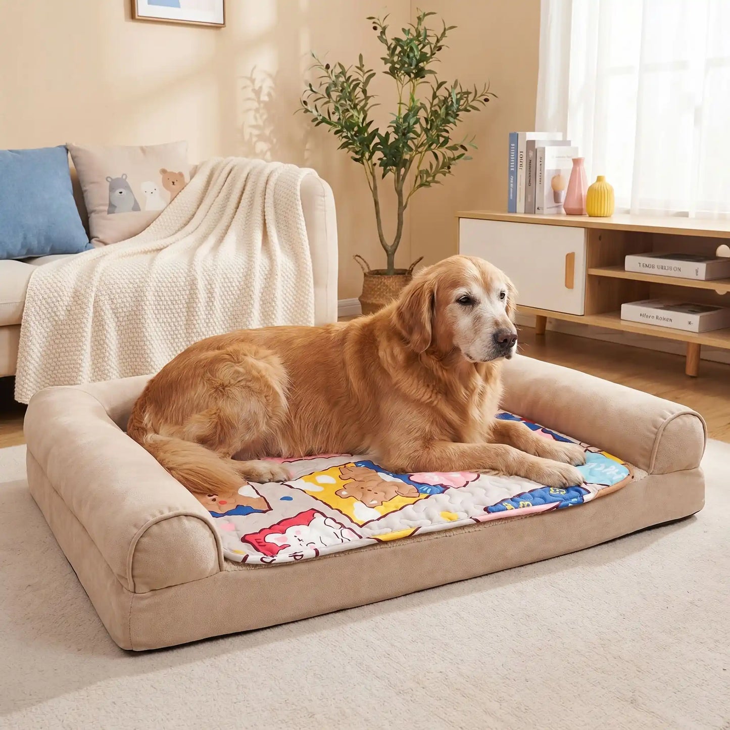 Tapis-pour-chien lavable-100% imperméable, 100 %coton haute densité lavable en machine, polyvalent, solide et résistant aux griffes, rafraichissant pour l'été et confortable en hiver, protège vos sols et vos meubles, disponible en 4 tailles du XS au L pour chiot et chien de petite à moyenne taille de 0 à 25 kg avec motif mignon-un golden retriever couché confortablement sur son tapis bleu multicolore sur son lit canapé dans salon de l'appartement