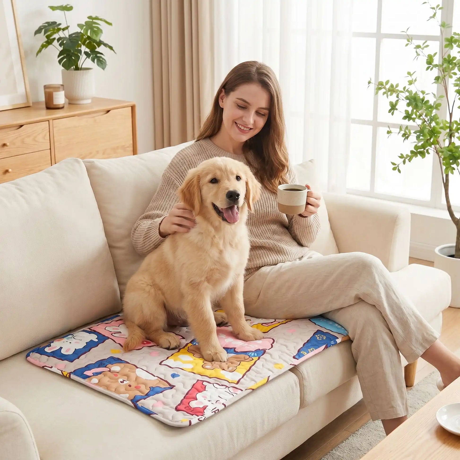 Tapis-pour-chien lavable-100% imperméable, 100 %coton haute densité lavable en machine, polyvalent, solide et résistant aux griffes, rafraichissant pour l'été et confortable en hiver, protège vos sols et vos meubles, disponible en 4 tailles du XS au L pour chiot et chien de petite à moyenne taille de 0 à 25 kg avec motif mignon-un chiot golden retriever assis confortablement sur son tapis bleu multicolore à côté de sa maitresse sur le canapé dans salon de la maison