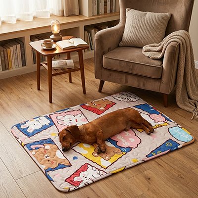 Tapis-pour-chien lavable-100% imperméable, 100 %coton haute densité lavable en machine, polyvalent, solide et résistant aux griffes, rafraichissant pour l'été et confortable en hiver, protège vos sols et vos meubles, disponible en 4 tailles du XS au L pour chiot et chien de petite à moyenne taille de 0 à 25 kg avec motif mignon-un teckel couché sur le flan qui dort paisiblement sur son tapis bleu multicolore sur le sol en parquet du salon de la maison